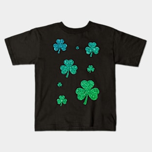 St Patricks Day, Ombre Green 3 Leaf Faux Glitter Clovers Kids T-Shirt